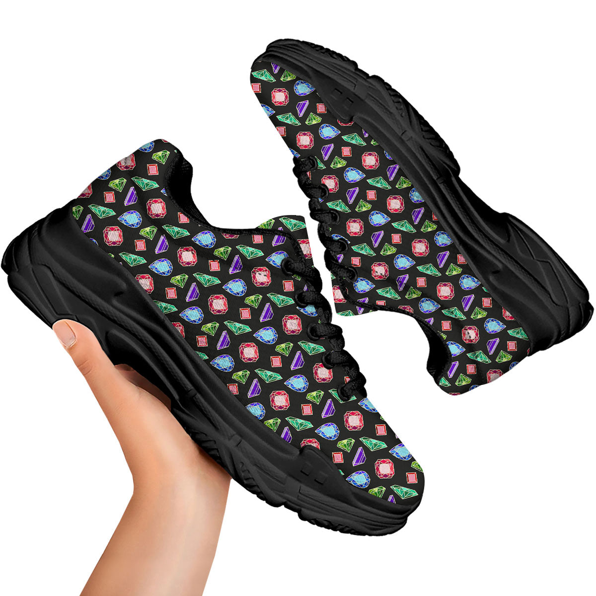 Gems Diamond Print Black Chunky Shoes-grizzshop