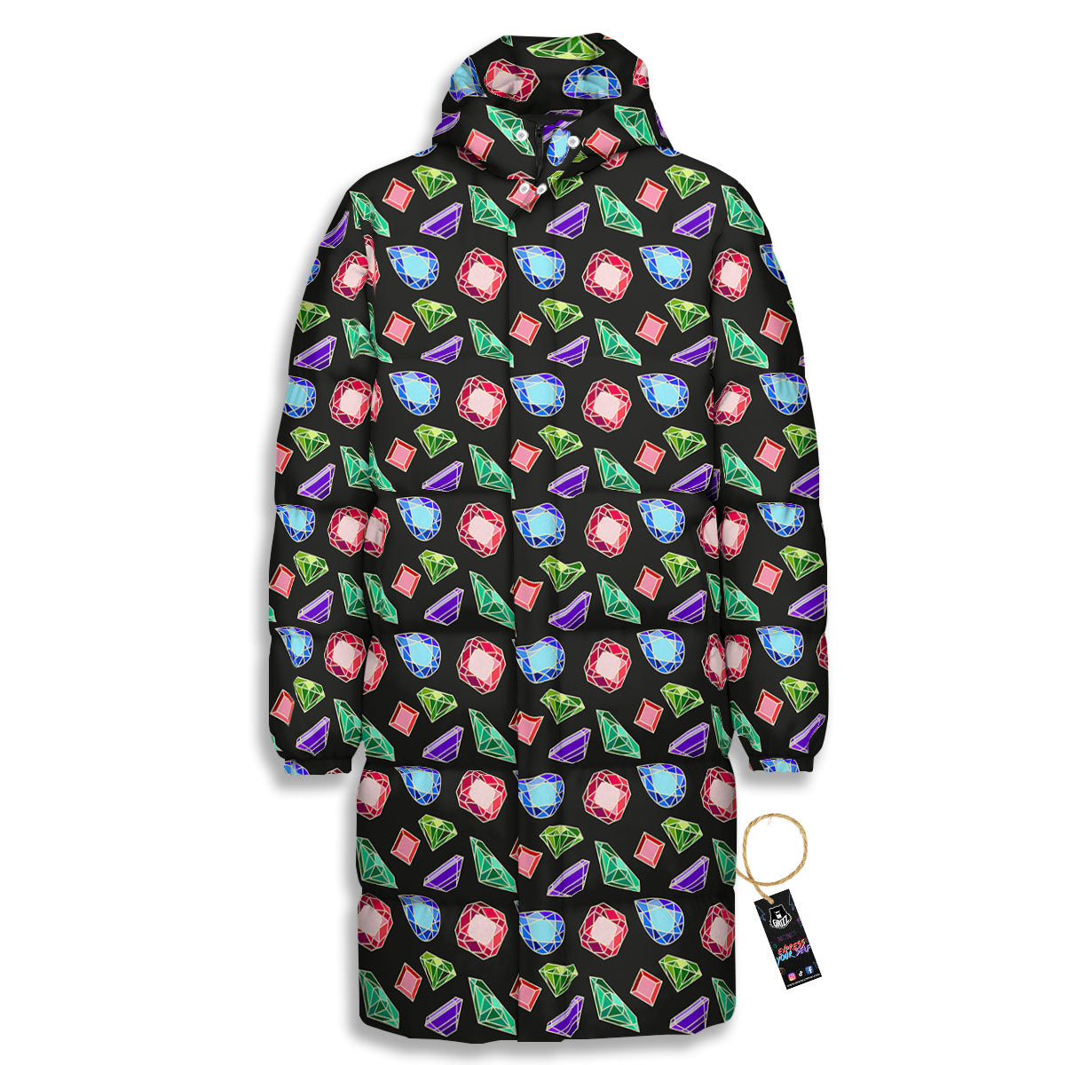 Gems Diamond Print Long Down Jacket-grizzshop