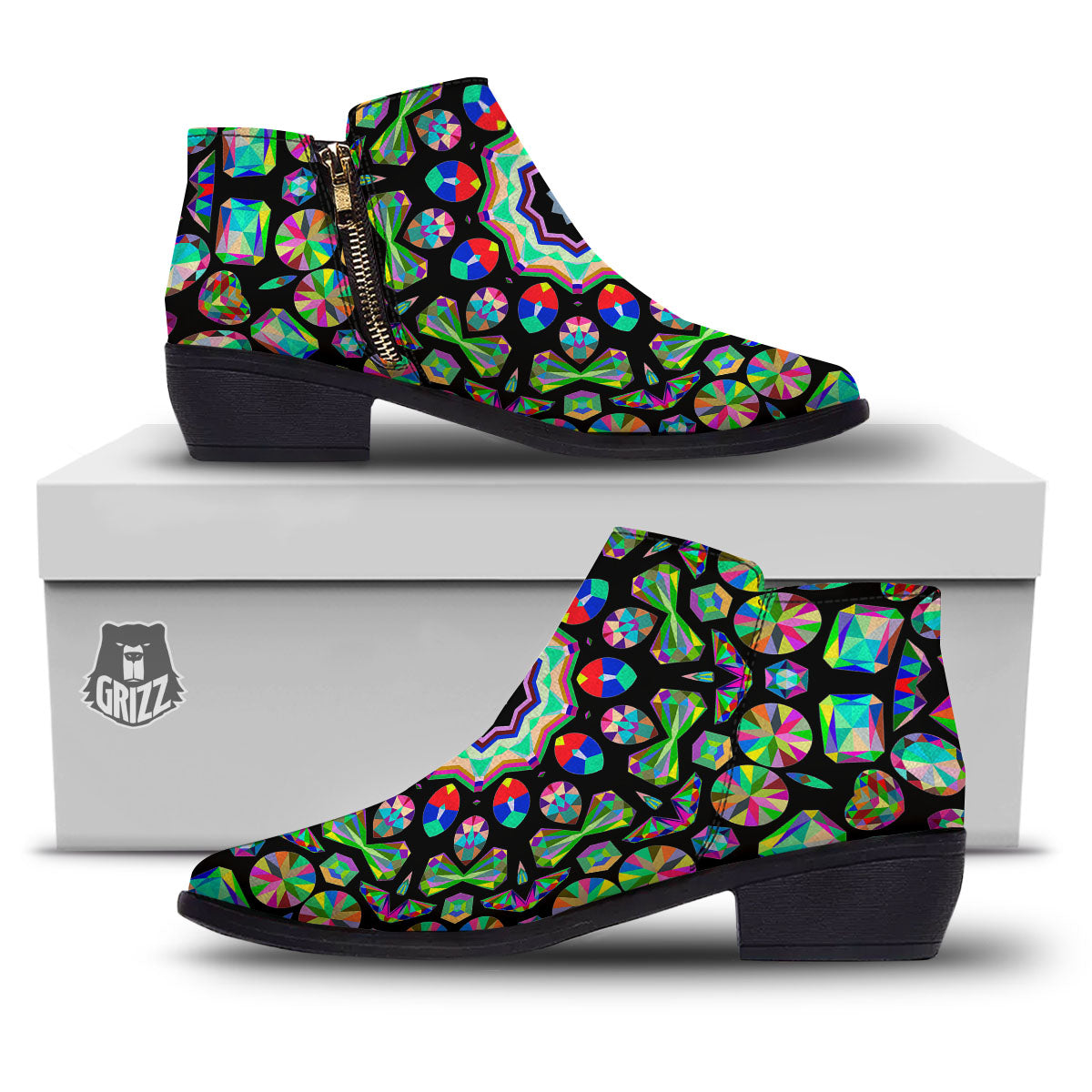 Gems Kaleidoscope Colorful Print Ankle Boots-grizzshop