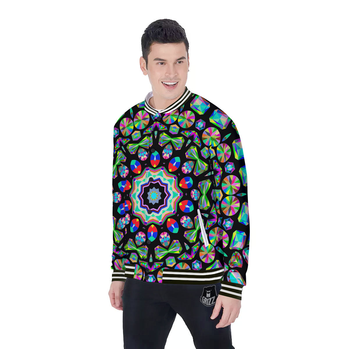 Gems Kaleidoscope Colorful Print Baseball Jacket-grizzshop
