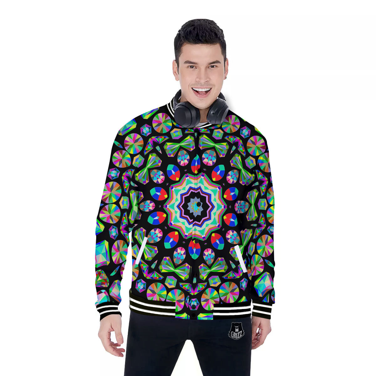 Gems Kaleidoscope Colorful Print Baseball Jacket-grizzshop