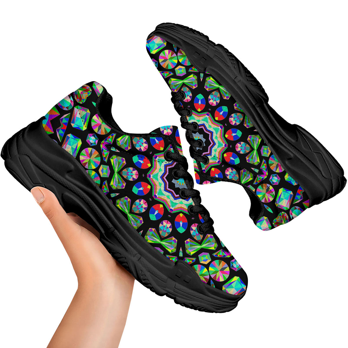Gems Kaleidoscope Colorful Print Black Chunky Shoes-grizzshop