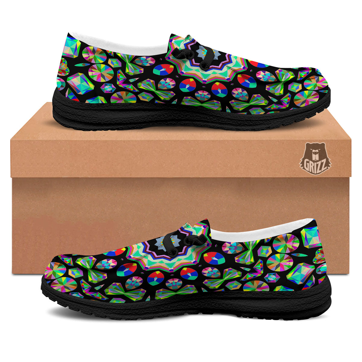 Gems Kaleidoscope Colorful Print Black Loafers-grizzshop