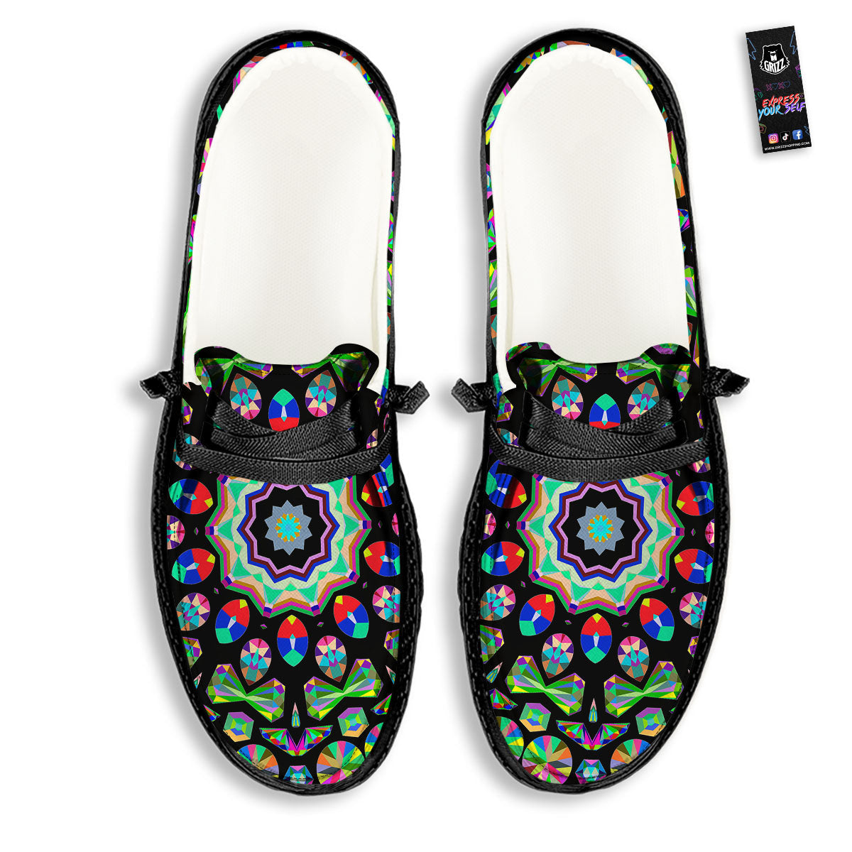Gems Kaleidoscope Colorful Print Black Loafers-grizzshop