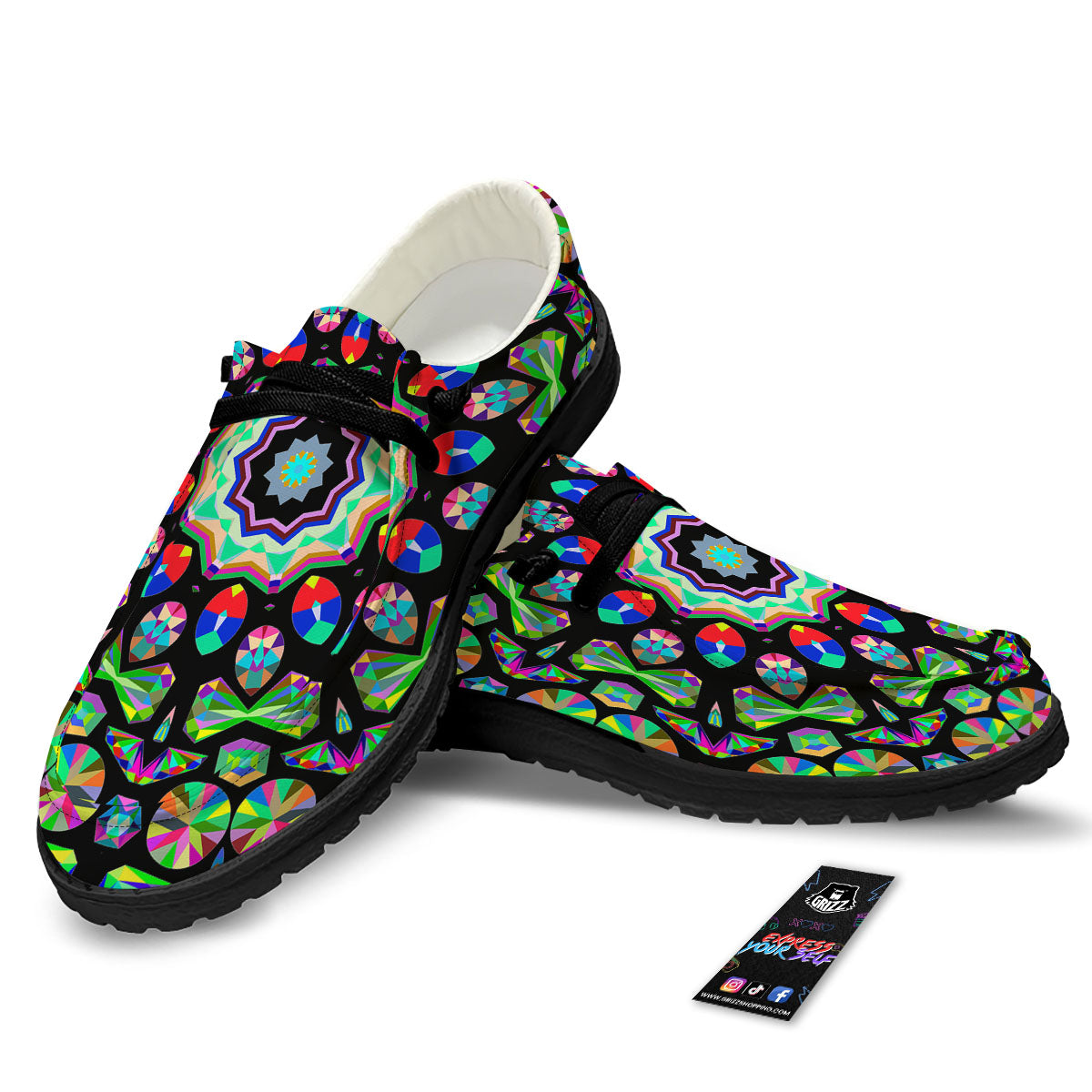 Gems Kaleidoscope Colorful Print Black Loafers-grizzshop