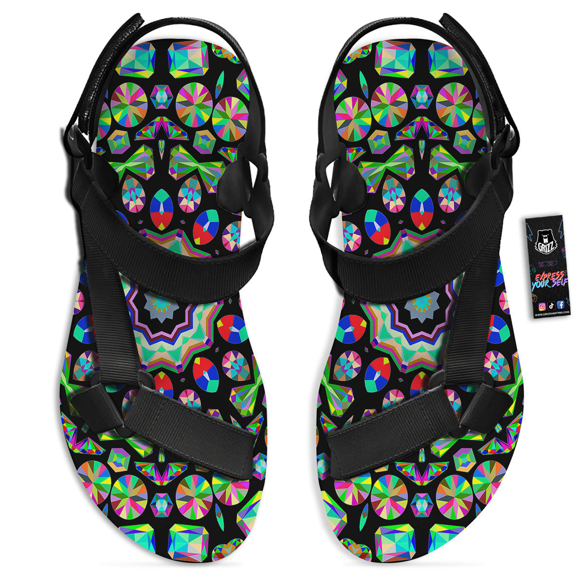 Gems Kaleidoscope Colorful Print Black Open Toe Sandals-grizzshop