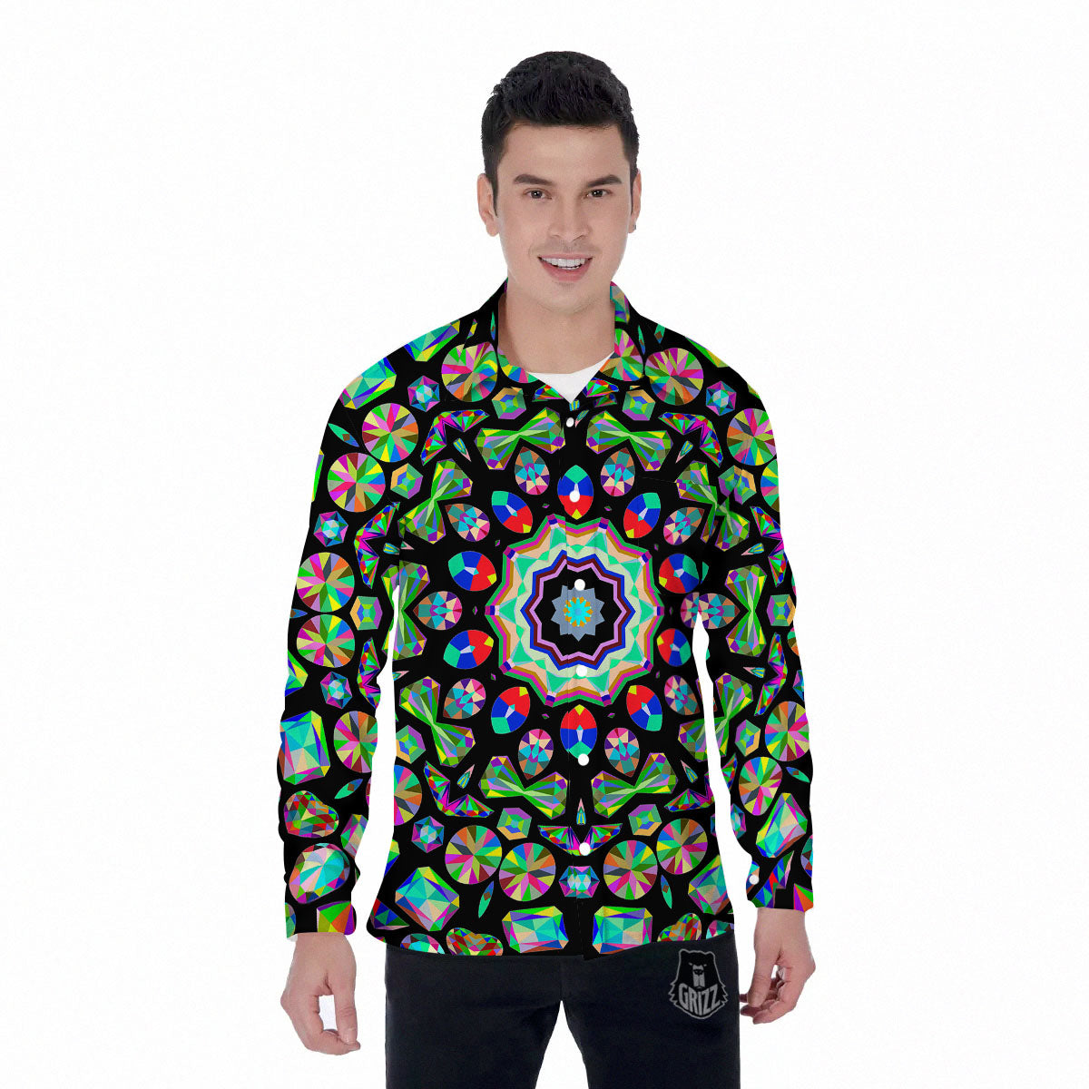 Gems Kaleidoscope Colorful Print Men's Long Sleeve Shirts-grizzshop