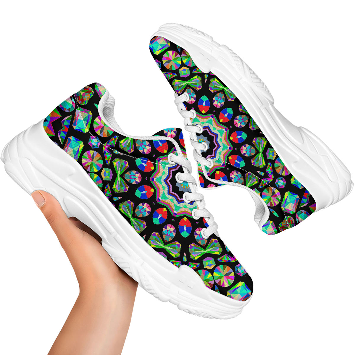 Gems Kaleidoscope Colorful Print White Chunky Shoes-grizzshop