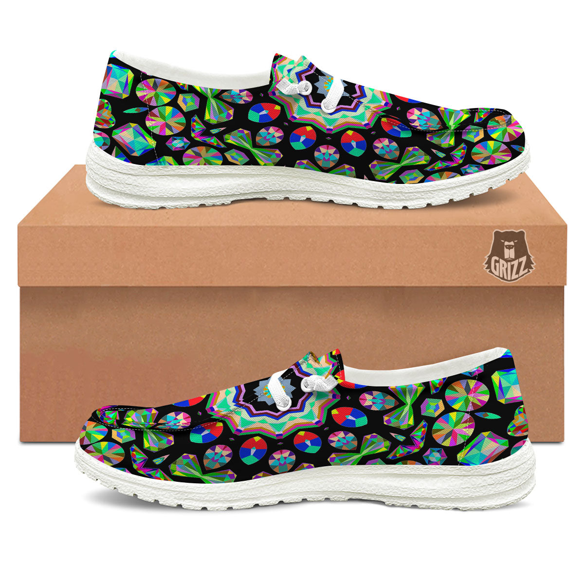 Gems Kaleidoscope Colorful Print White Loafers-grizzshop