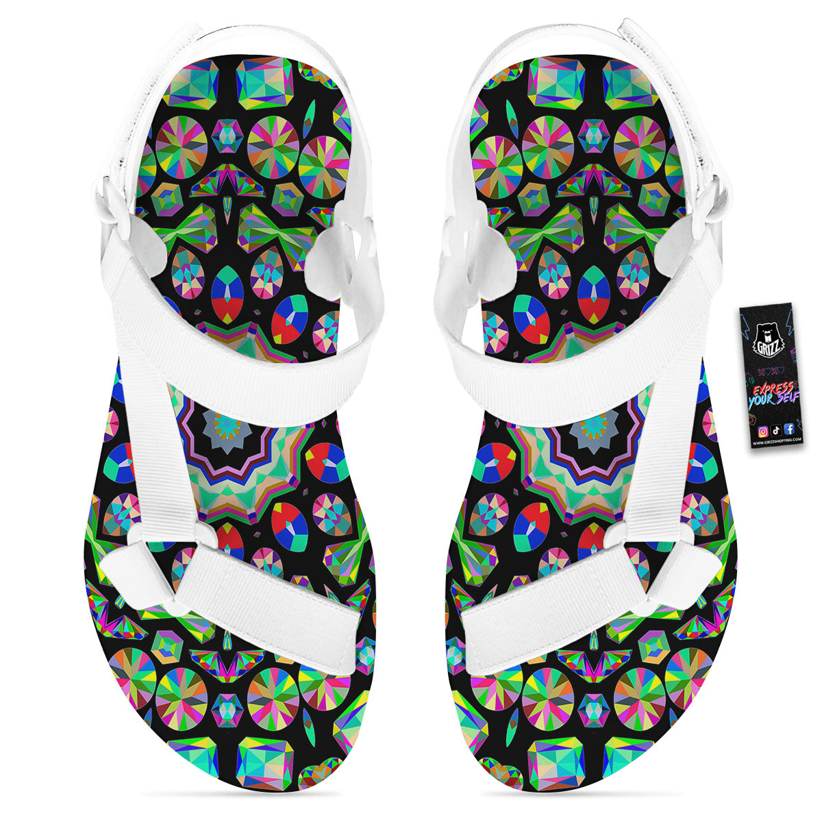 Gems Kaleidoscope Colorful Print White Open Toe Sandals-grizzshop