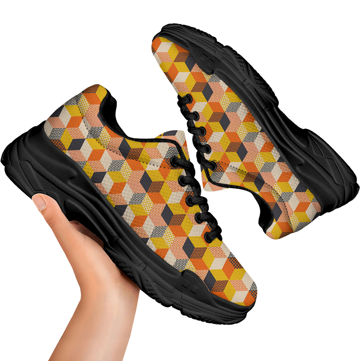 Geometric 60s Print Pattern Black Chunky Shoes-grizzshop