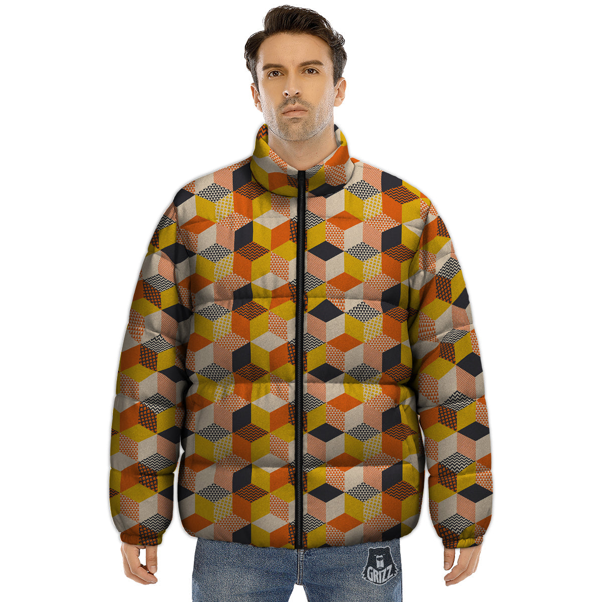 Geometric 60s Print Pattern Puffer Jacket-grizzshop
