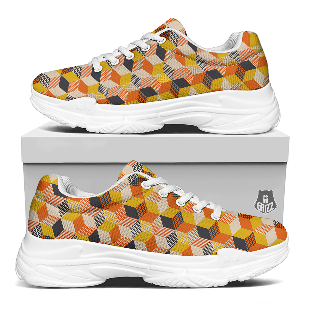 Geometric 60s Print Pattern White Chunky Shoes-grizzshop