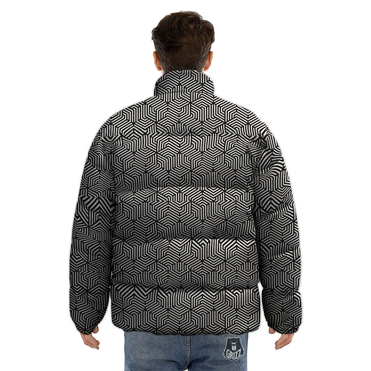 Geometric Abstract Polygonal Print Puffer Jacket-grizzshop