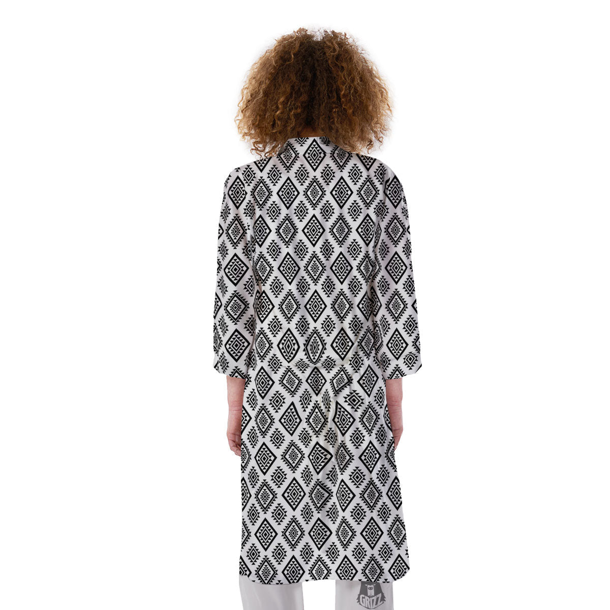 Geometric African White And Black Print Kimono-grizzshop