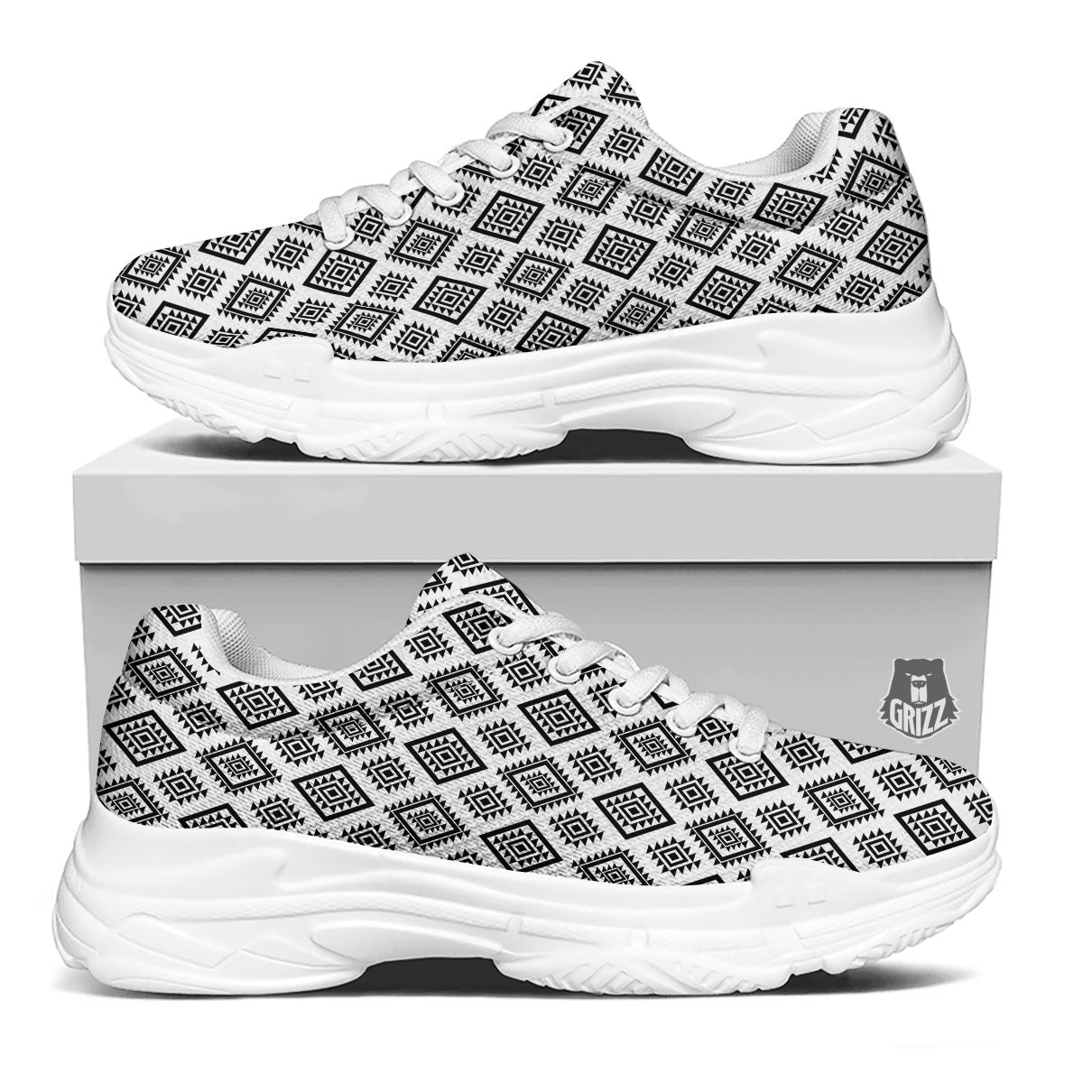 Geometric African White And Black Print White Chunky Shoes-grizzshop