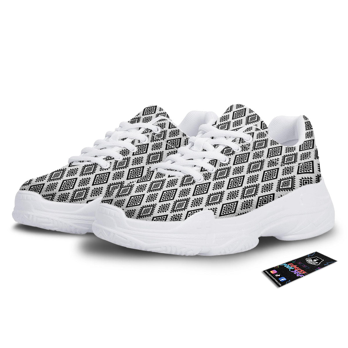 Geometric African White And Black Print White Chunky Shoes-grizzshop
