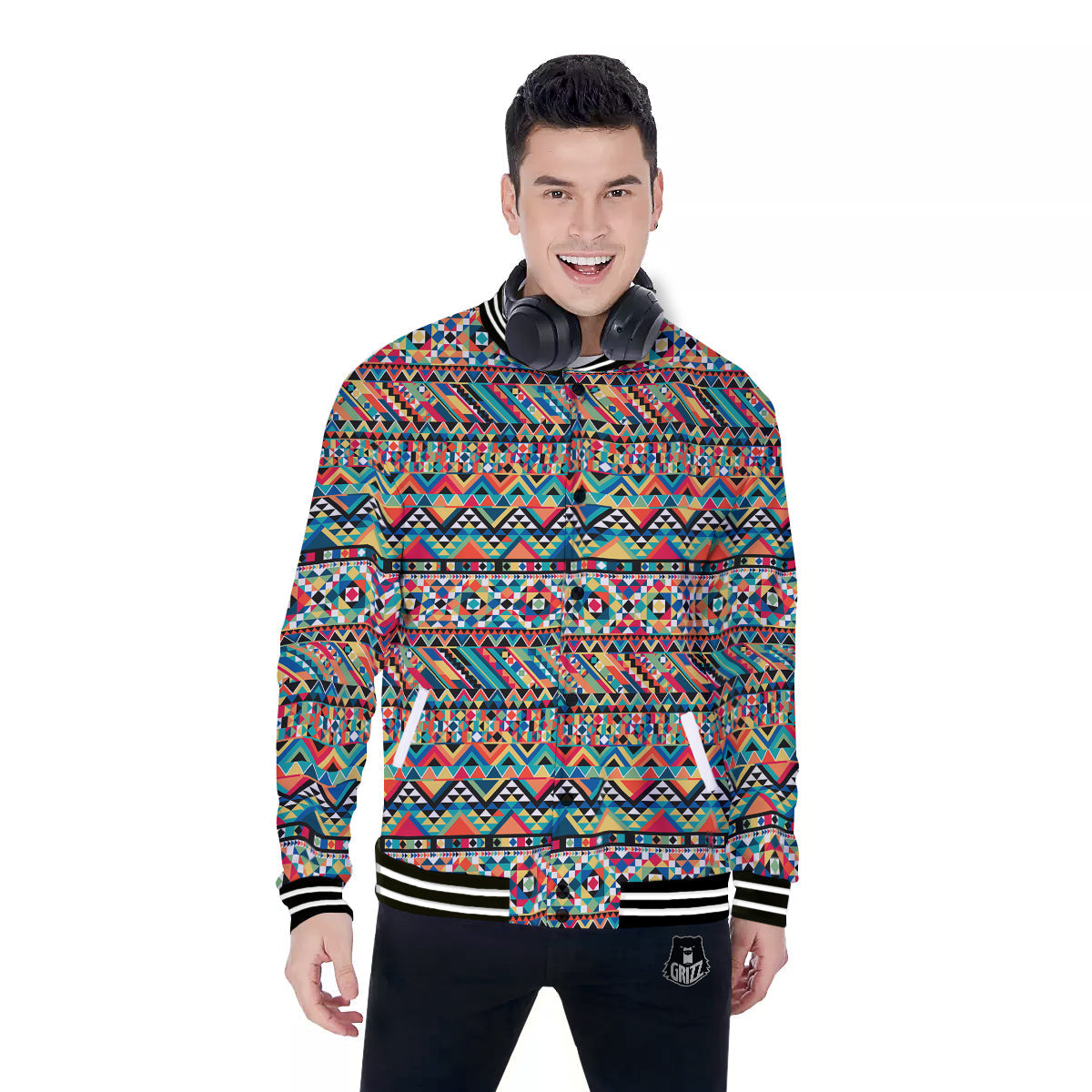 Geometric Aztec Colorful Print Pattern Baseball Jacket-grizzshop