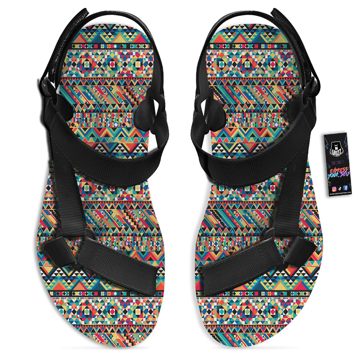 Geometric Aztec Colorful Print Pattern Black Open Toe Sandals-grizzshop