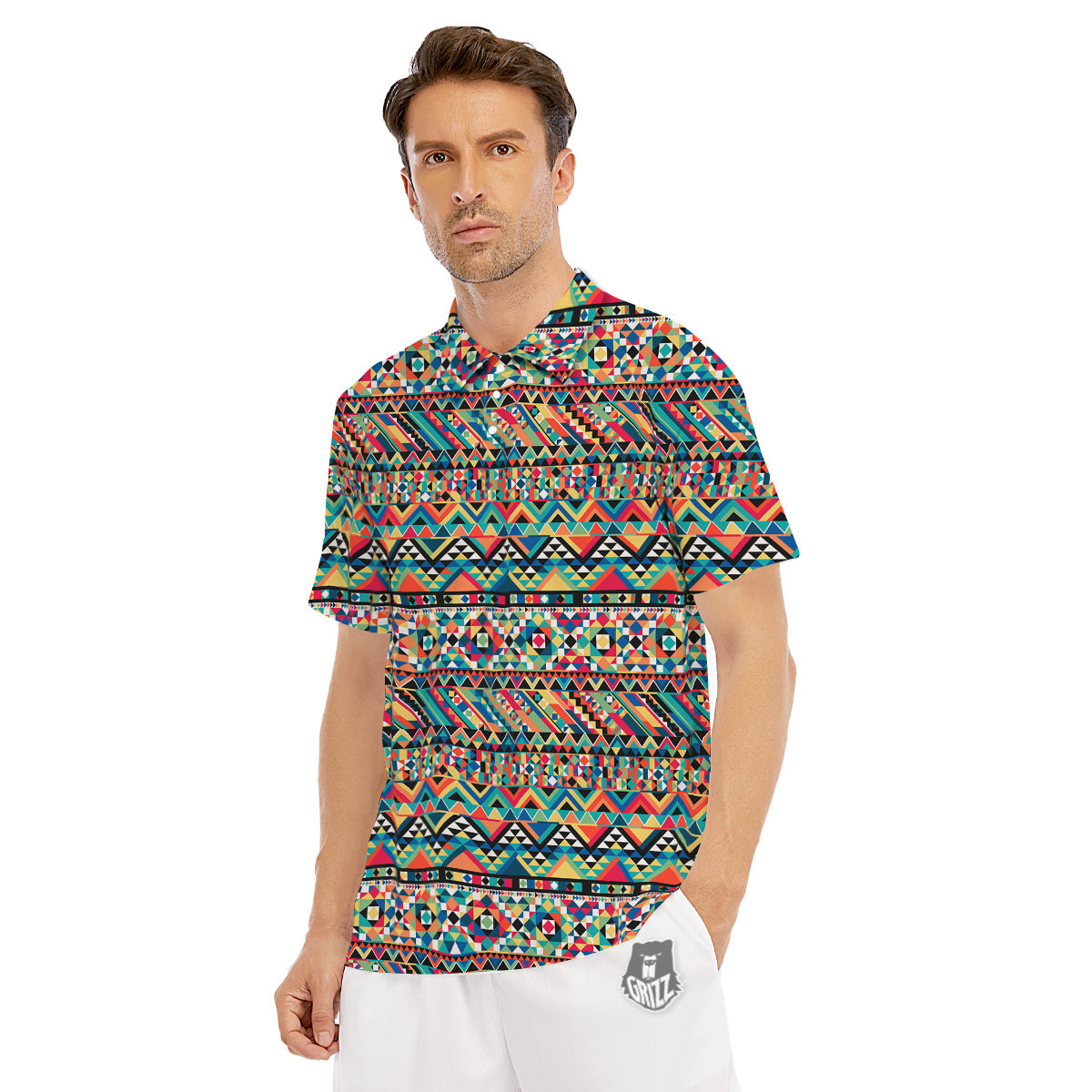 Geometric Aztec Colorful Print Pattern Men's Golf Shirts-grizzshop