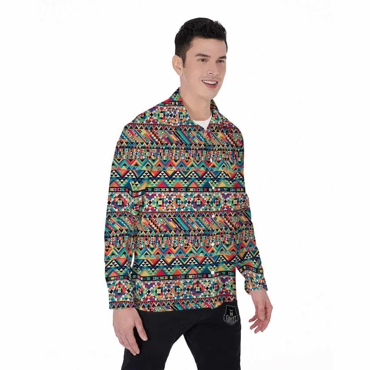 Geometric Aztec Colorful Print Pattern Men's Long Sleeve Shirts-grizzshop