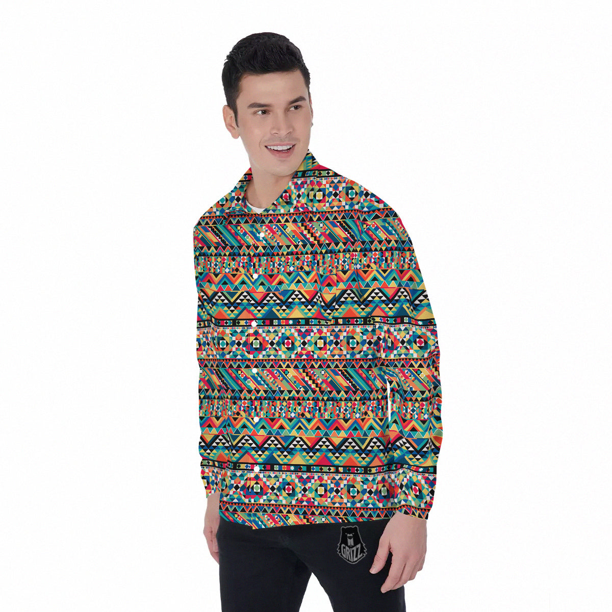 Geometric Aztec Colorful Print Pattern Men's Long Sleeve Shirts-grizzshop