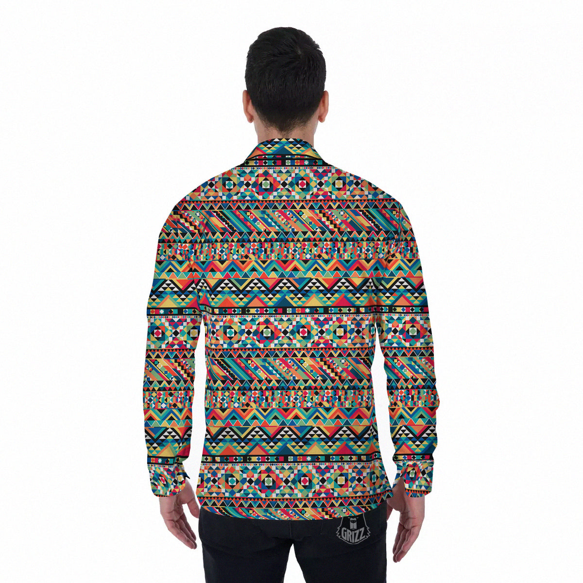 Geometric Aztec Colorful Print Pattern Men's Long Sleeve Shirts-grizzshop