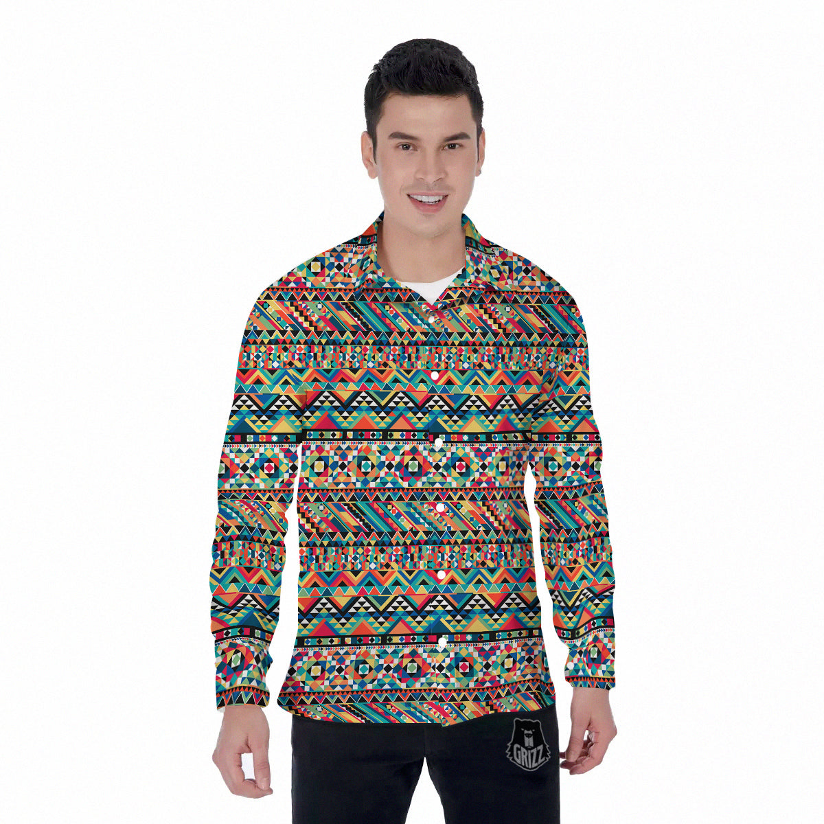 Geometric Aztec Colorful Print Pattern Men's Long Sleeve Shirts-grizzshop