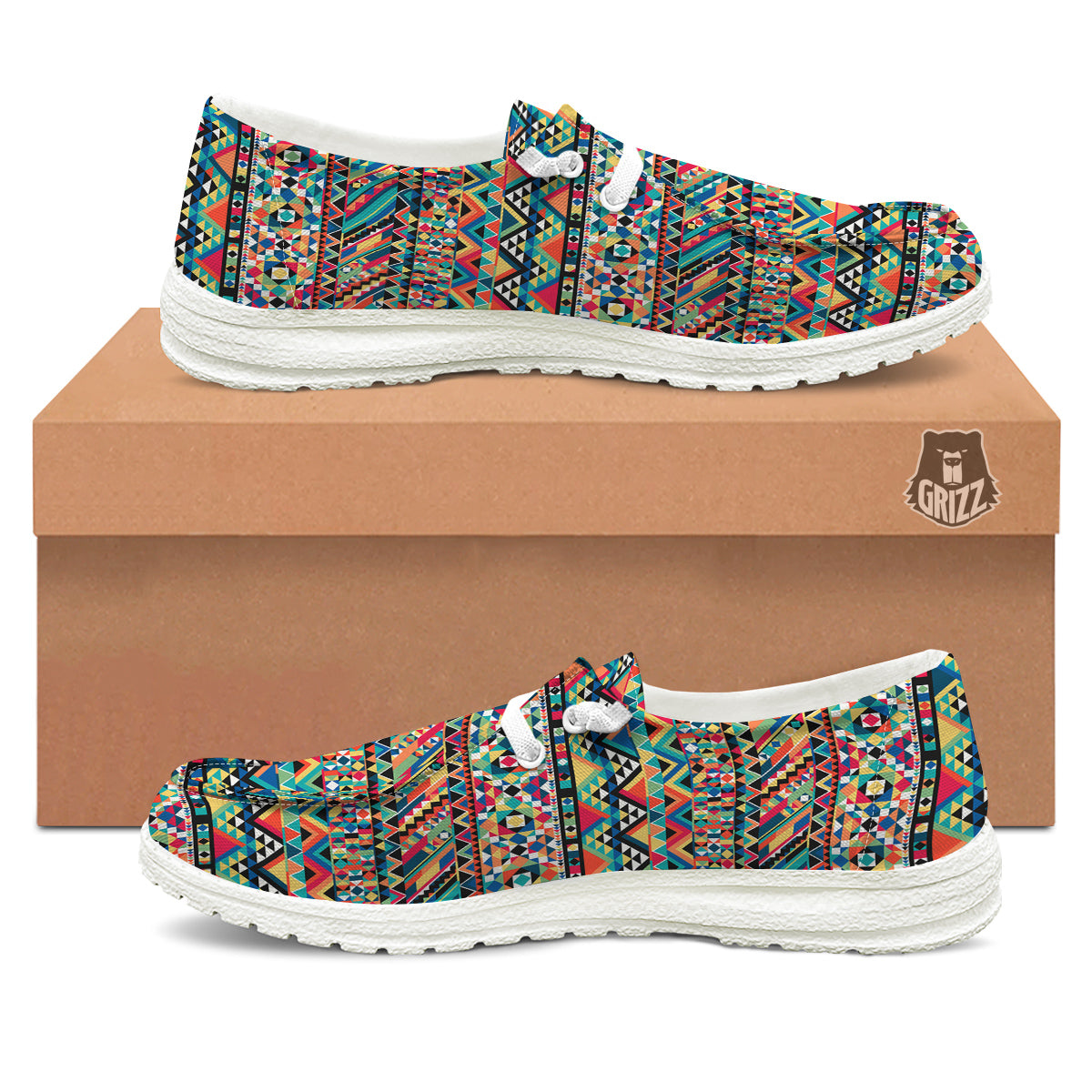 Geometric Aztec Colorful Print Pattern White Loafers-grizzshop