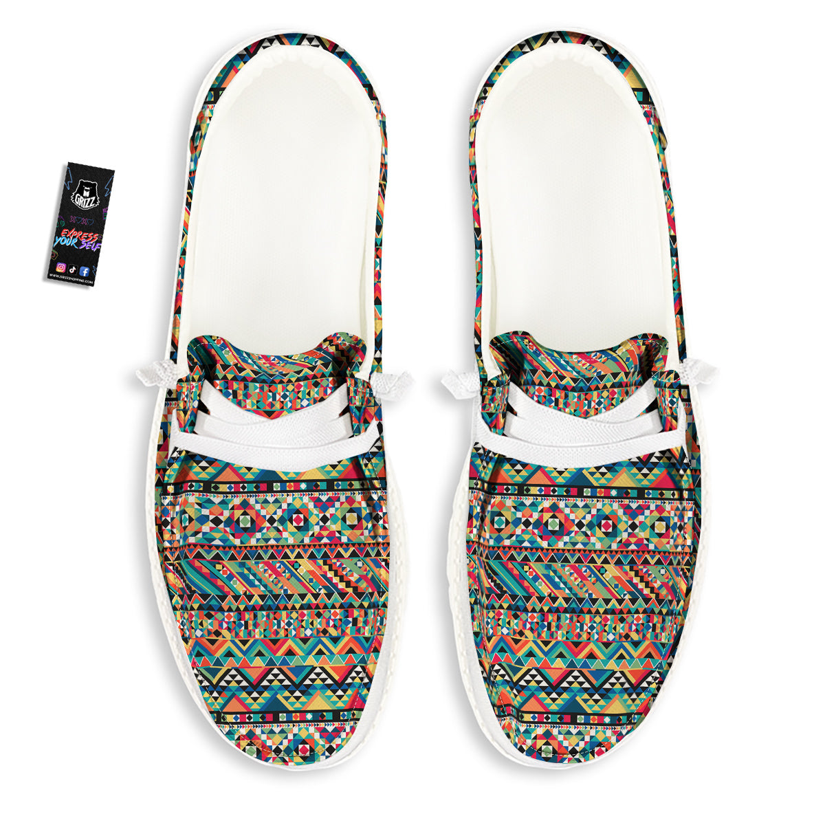 Geometric Aztec Colorful Print Pattern White Loafers-grizzshop