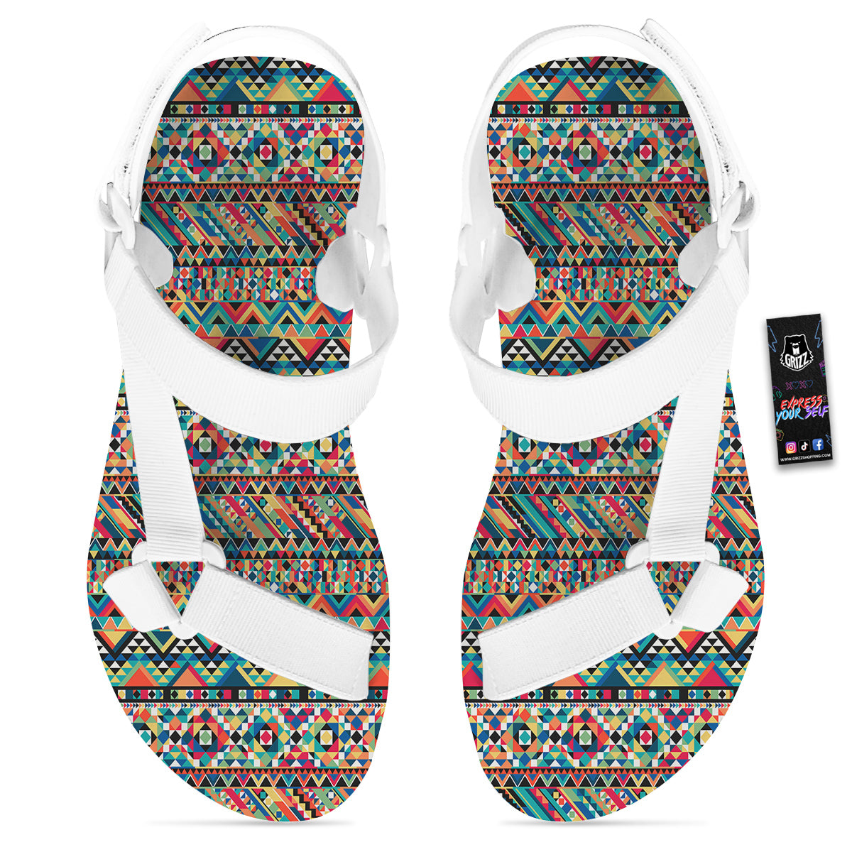 Geometric Aztec Colorful Print Pattern White Open Toe Sandals-grizzshop
