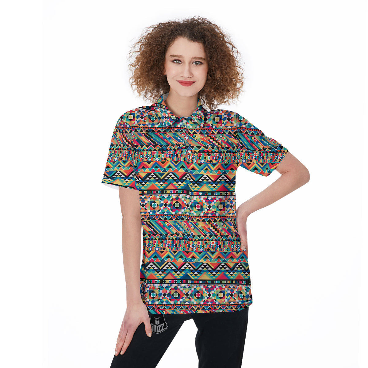 Geometric Aztec Colorful Print Pattern Women's Golf Shirts-grizzshop