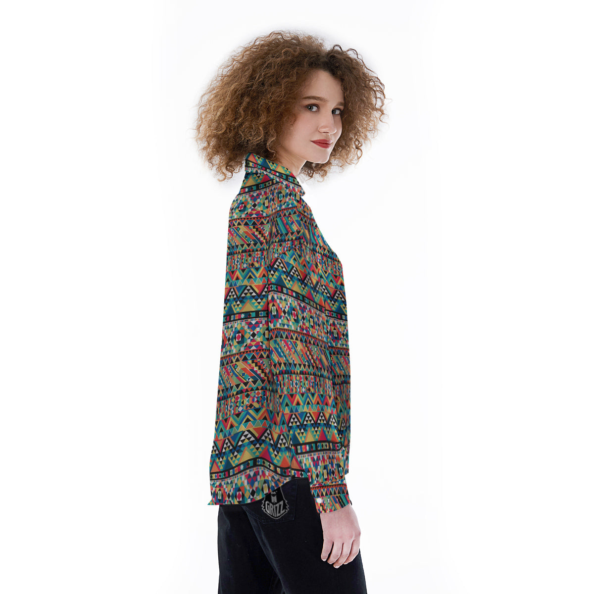 Geometric Aztec Colorful Print Pattern Women's Long Sleeve Shirts-grizzshop