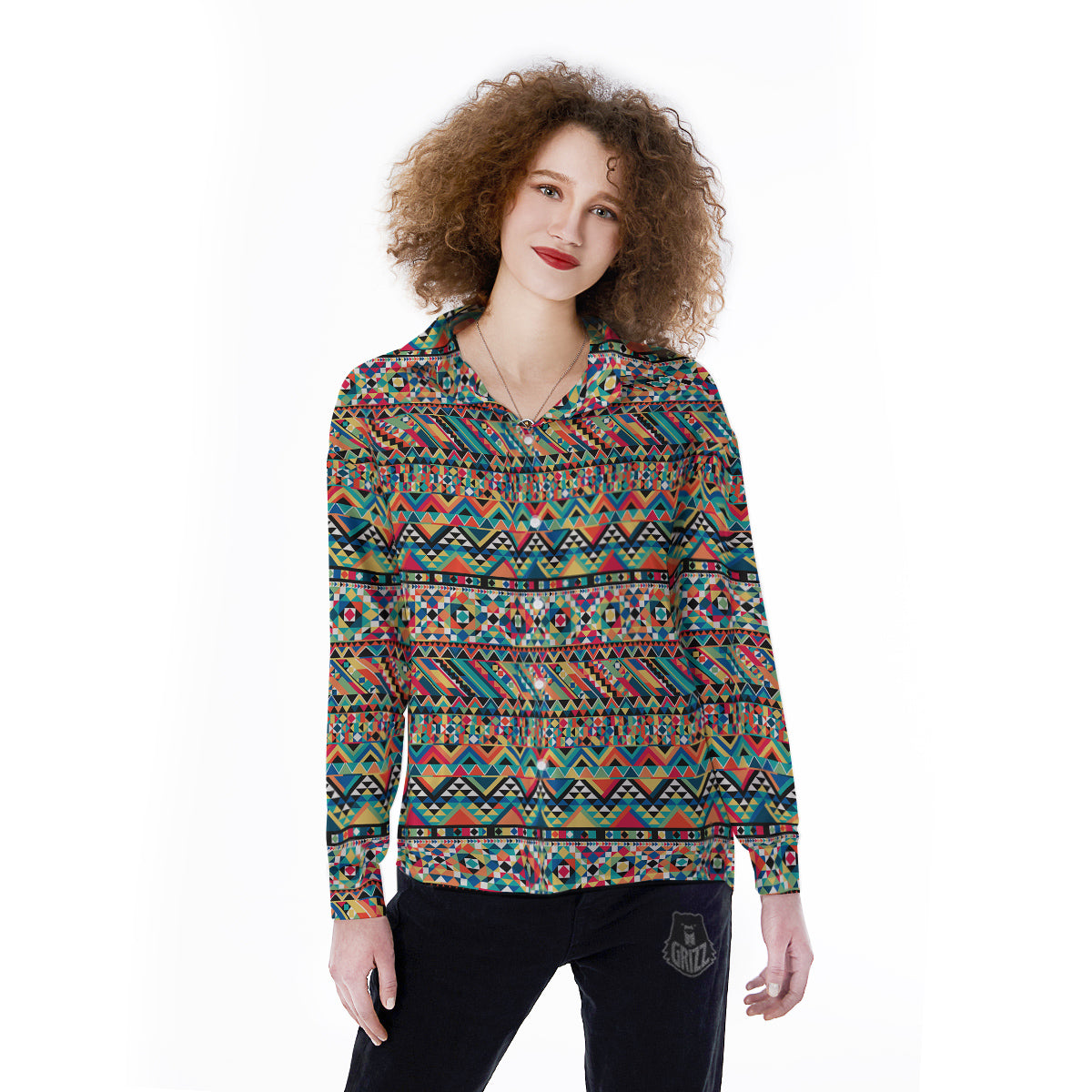 Geometric Aztec Colorful Print Pattern Women's Long Sleeve Shirts-grizzshop