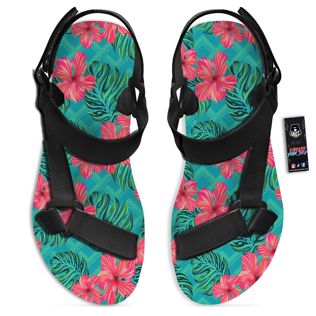 Geometric Aztec Tropical Print Pattern Black Open Toe Sandals-grizzshop