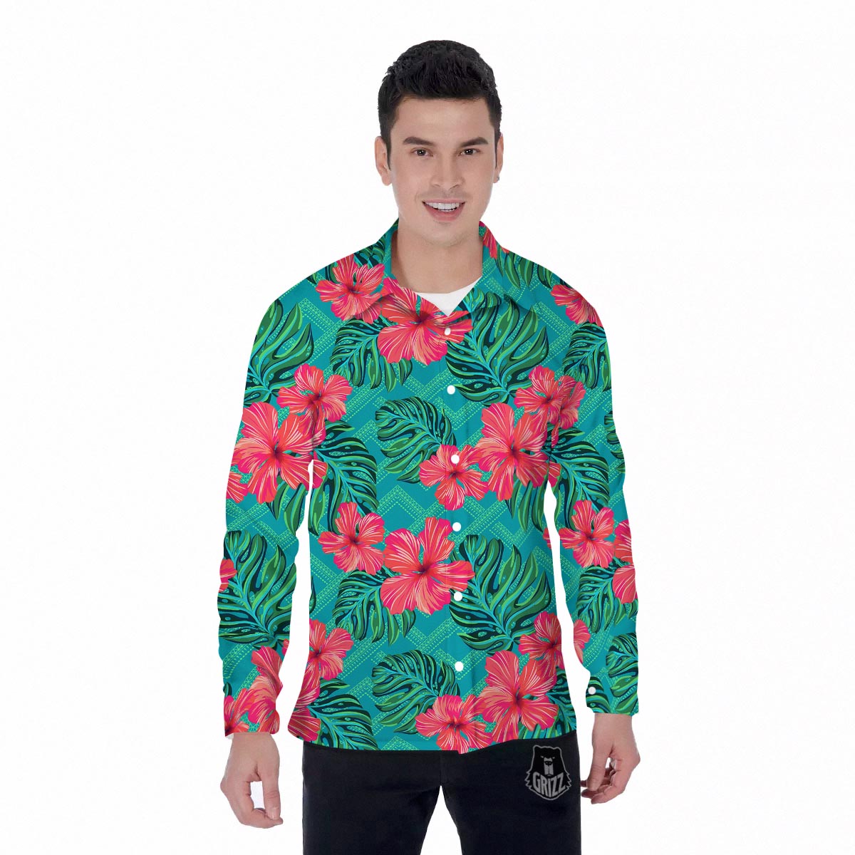 Geometric Aztec Tropical Print Pattern Men's Long Sleeve Shirts-grizzshop