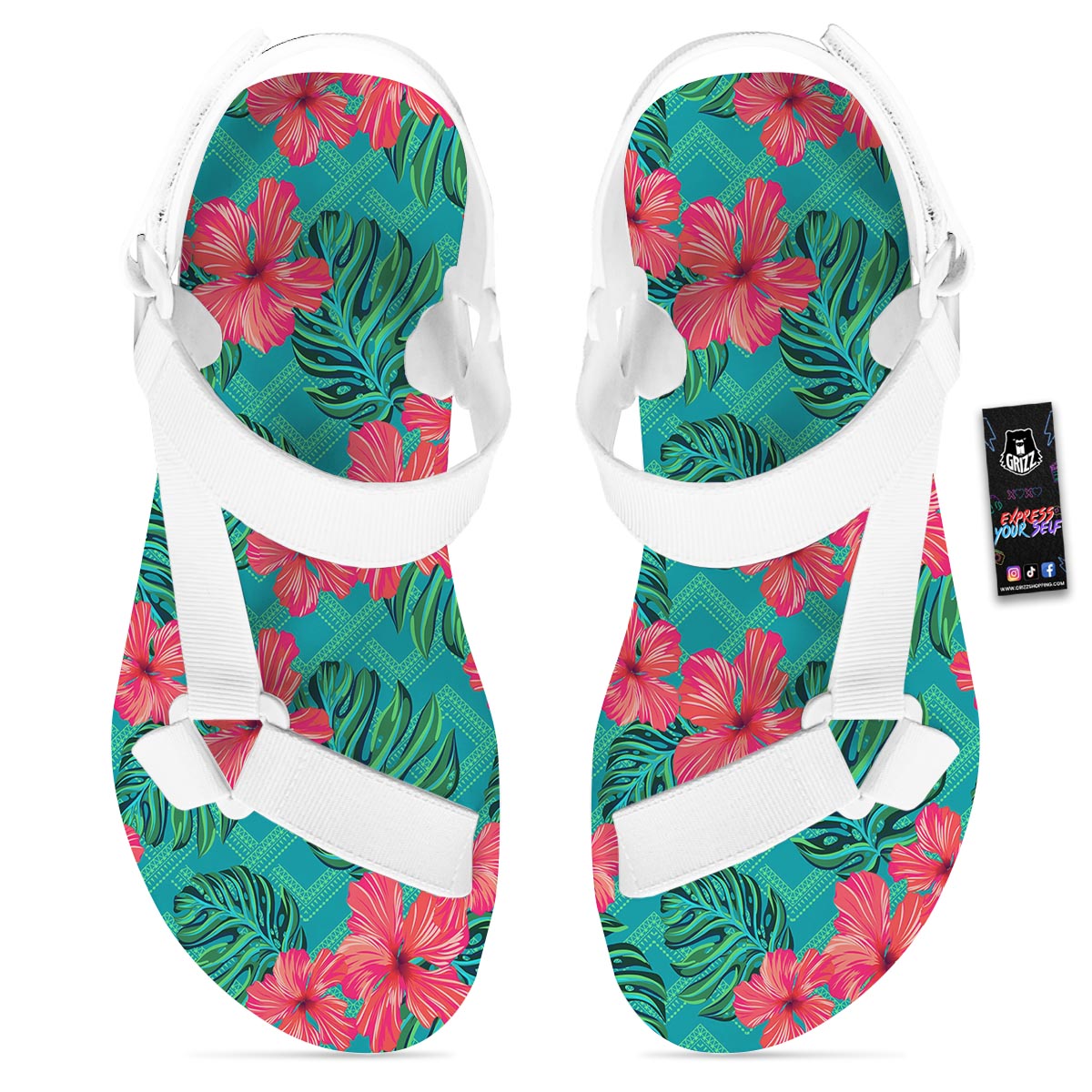 Geometric Aztec Tropical Print Pattern White Open Toe Sandals-grizzshop
