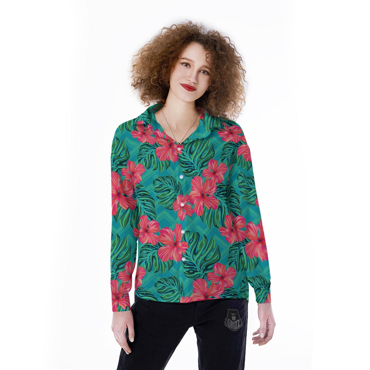 Geometric Aztec Tropical Print Pattern Women's Long Sleeve Shirts-grizzshop