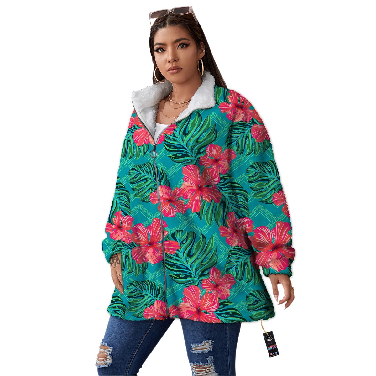 Geometric Aztec Tropical Print Pattern Women's Sherpa Jacket-grizzshop
