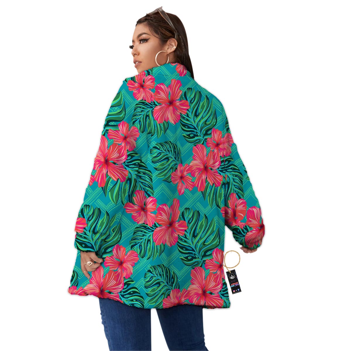 Geometric Aztec Tropical Print Pattern Women's Sherpa Jacket-grizzshop