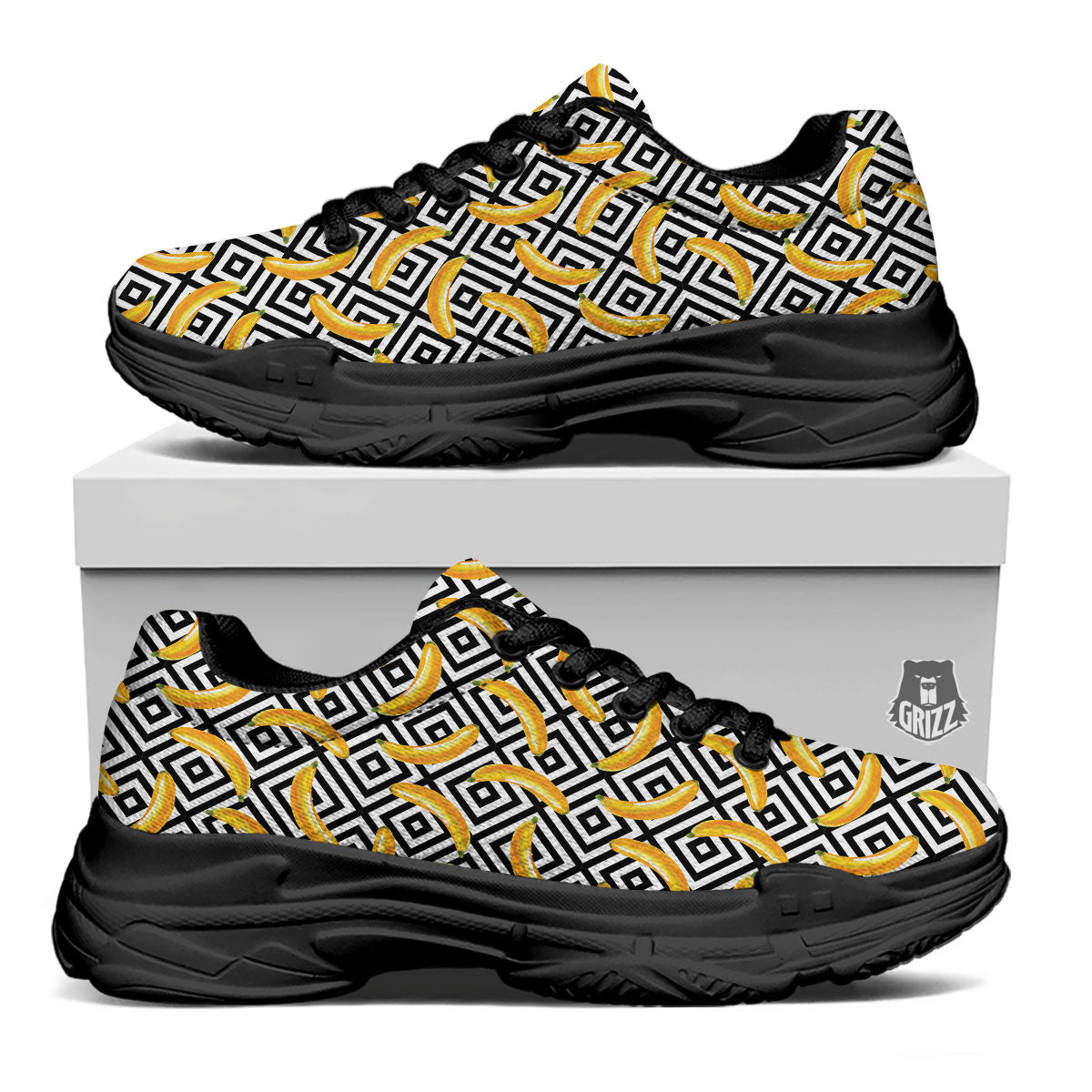Geometric Banana White And Black Print Black Chunky Shoes-grizzshop