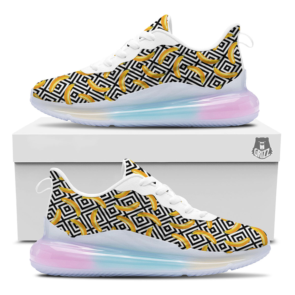 Geometric Banana White And Black Print Running Sneakers-grizzshop