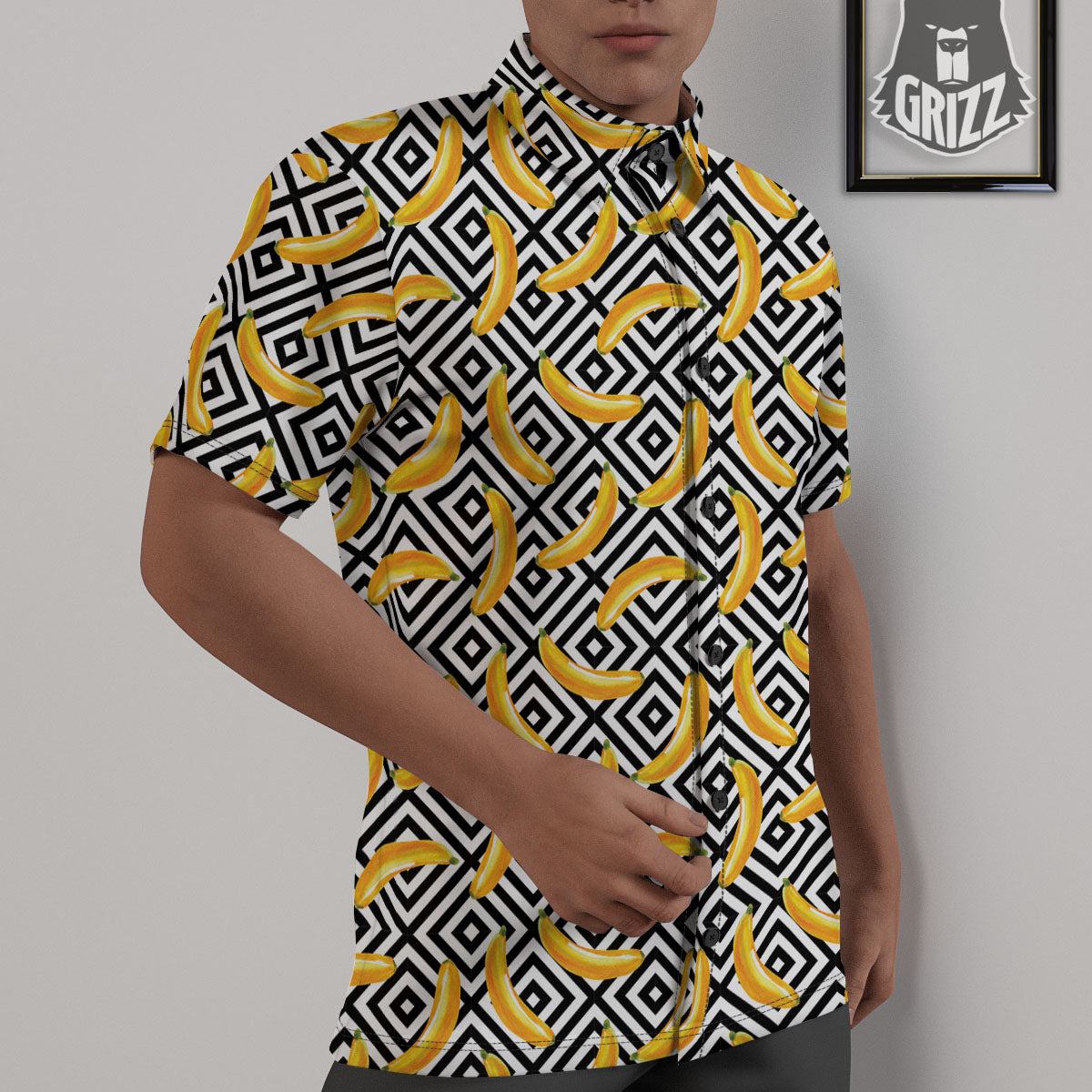 Geometric Banana White And Black Print Untucked Shirts-grizzshop
