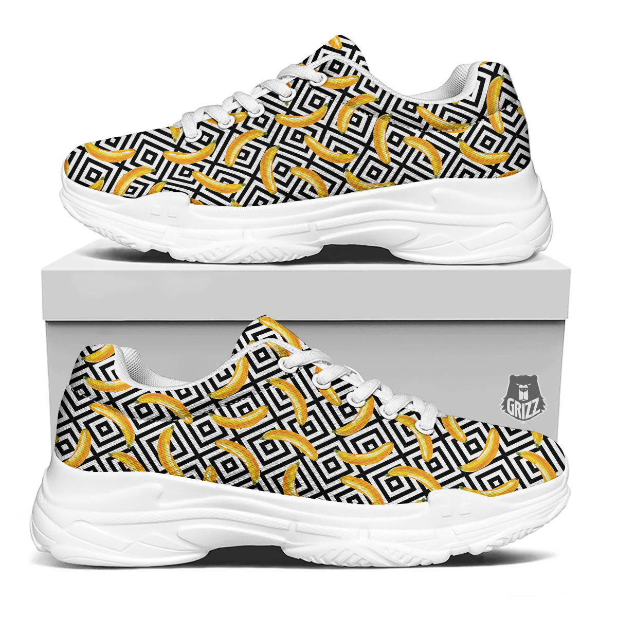 Geometric Banana White And Black Print White Chunky Shoes-grizzshop