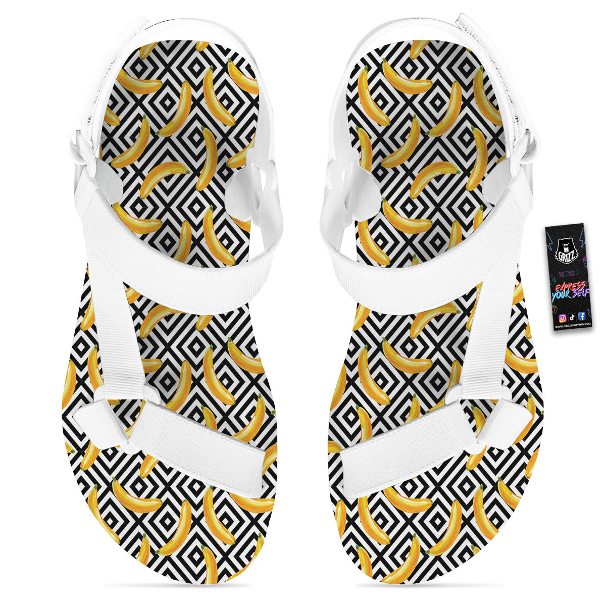 Geometric Banana White And Black Print White Open Toe Sandals-grizzshop