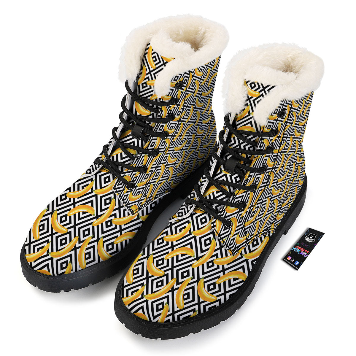 Geometric Banana White And Black Print Winter Boots-grizzshop
