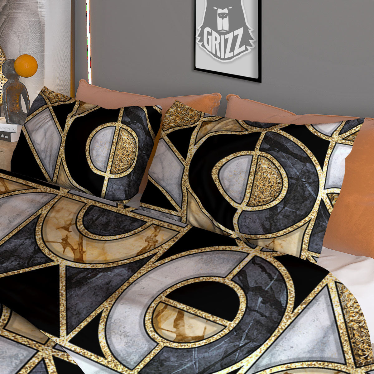Geometric Black Gold Marble Print Duvet Cover Bedding Set