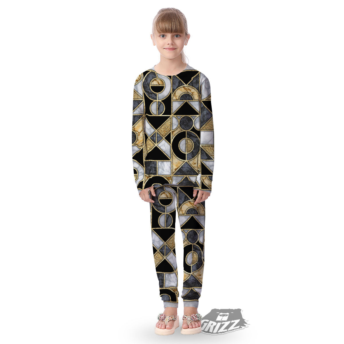 Geometric Black Gold Marble Print Kid's Pajamas-grizzshop