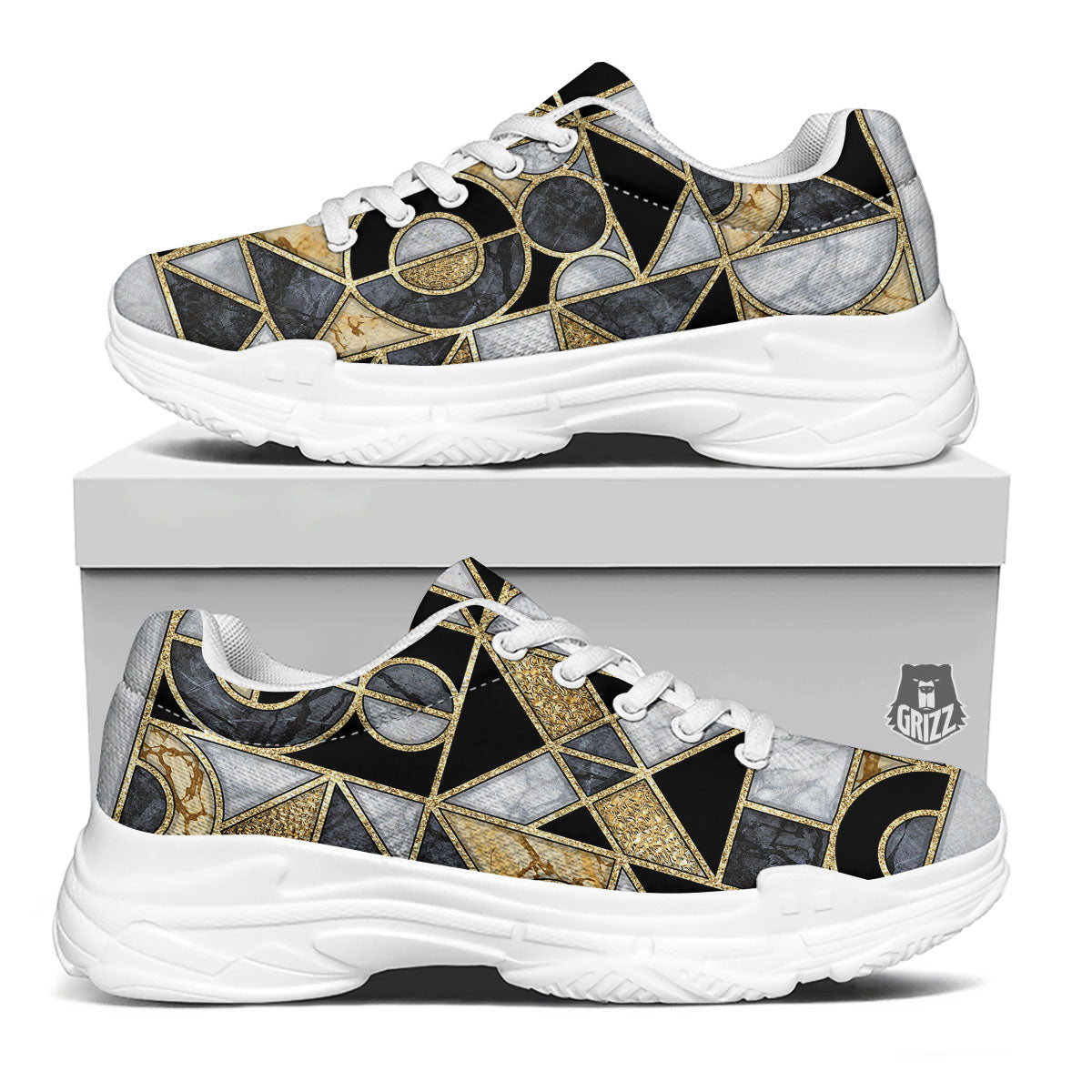 Geometric Black Gold Marble Print White Chunky Shoes-grizzshop