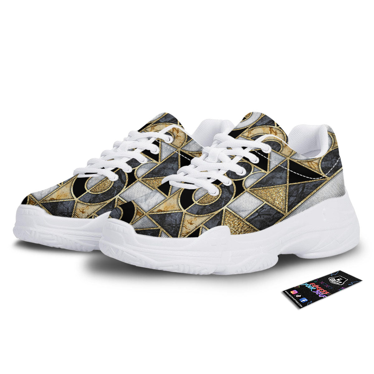Geometric Black Gold Marble Print White Chunky Shoes-grizzshop